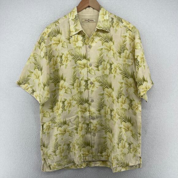 TOMMY BAHAMA Shirt Mens M Linen Floral Hibiscus Tropical Camp Short Sleeve Green - Picture 2 of 13